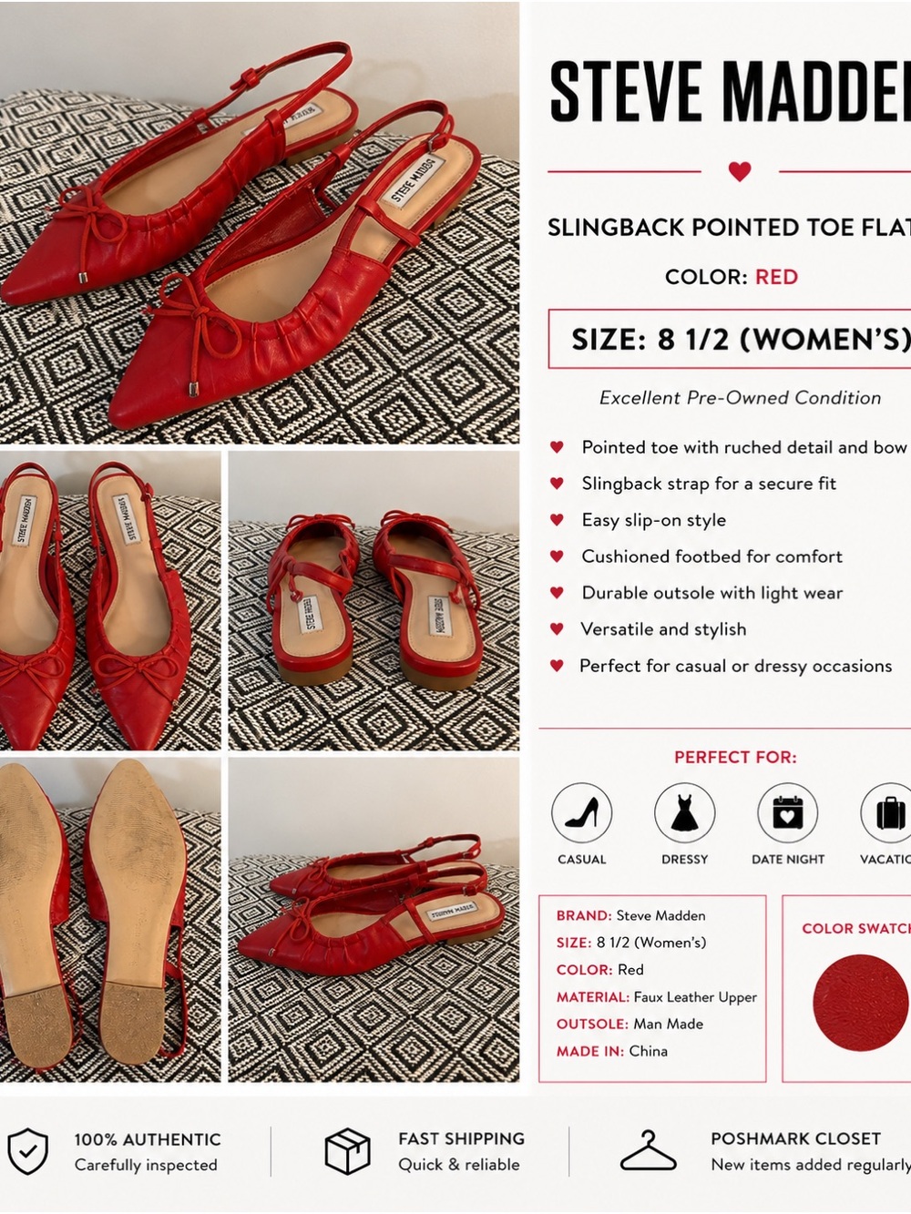Steve Madden Red Pointed-Toe Slingback Flats